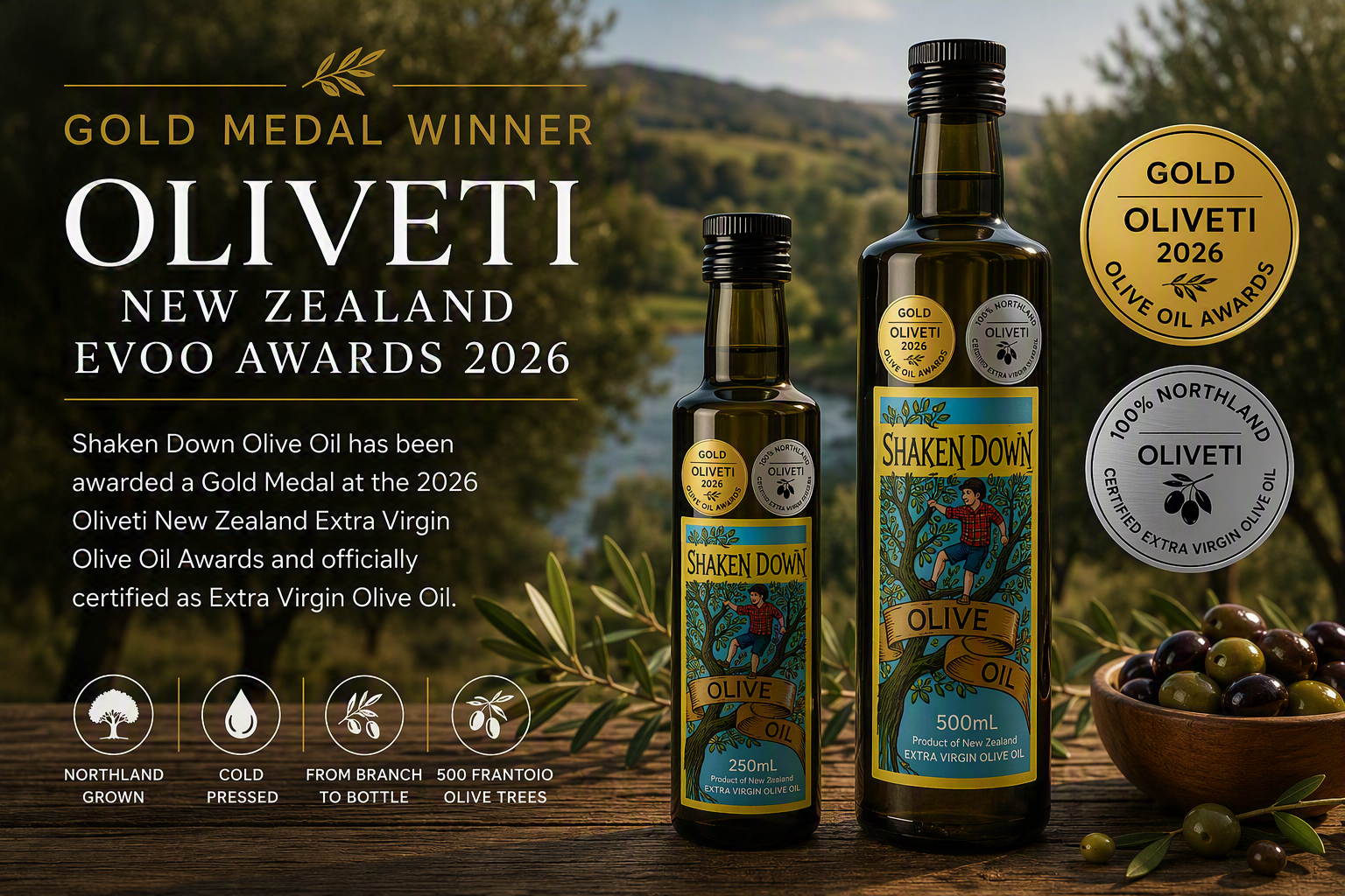 Oliveti New Zealand EVOO Awards – Shaken Down Olive Oil Wins Gold